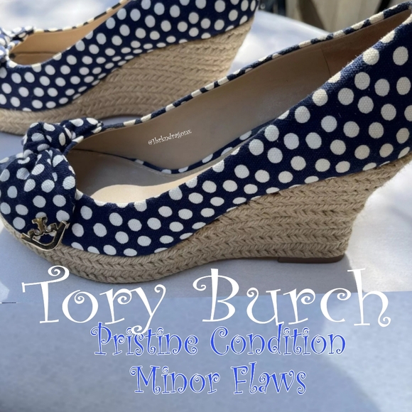 New Tory Burch Polka Dot Wedges Nautical Bow Wedges Boat Summer Spring Sandals - Picture 14 of 16